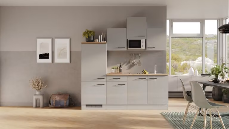 Mobile cucina con elettrodomestici Flex Well Lund 210 cm colore frontale grigio chiaro lucido colore mobile grigio fumo opaco