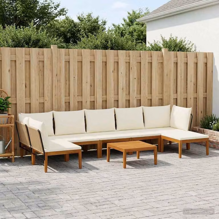 Set da giardino vidaXL in legno di acacia con 8 pezzi, divano angolare, tavolino e pouf, colore naturale con cuscini beige e bianchi