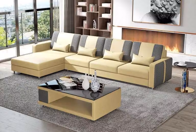 Eckgarnitur Ledersofa Ecksofa L-Form Liege Couch Sofa Beige Luxus