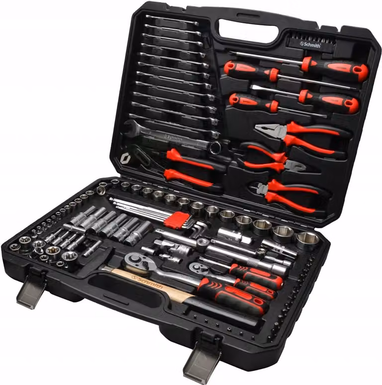 Set di utensili Schmith: set di chiavi a bussola, cassetta portachiavi, cassetta a cricchetto, 1/4 e 1/2 di pollice, 122 pezzi. Utensili professionali per officina, ideali per hobbisti e meccanici
