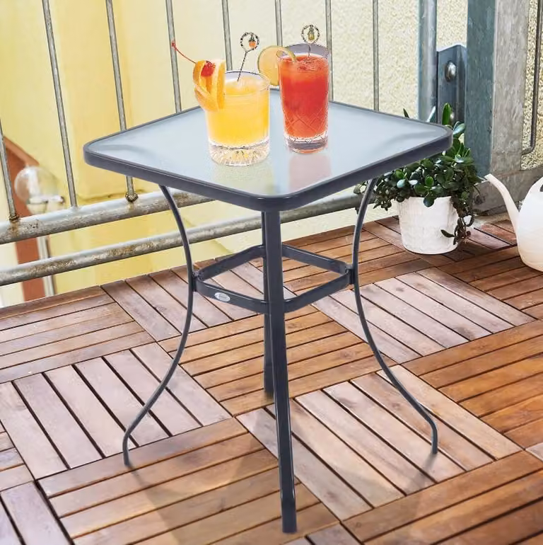 Tavolo da giardino quadrato – Tavolo in metallo con piano in vetro | Colore: Nero | Dimensioni: 68,5 x 68,5 x 84 cm