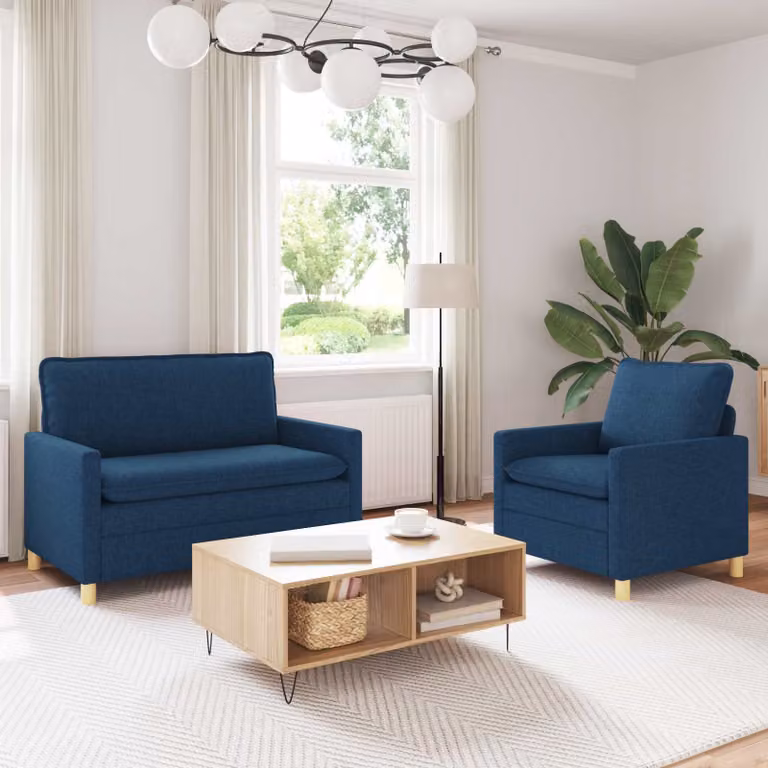 Set di 2 divani moderni vidaXL in tessuto blu con struttura in metallo e coperture rimovibili