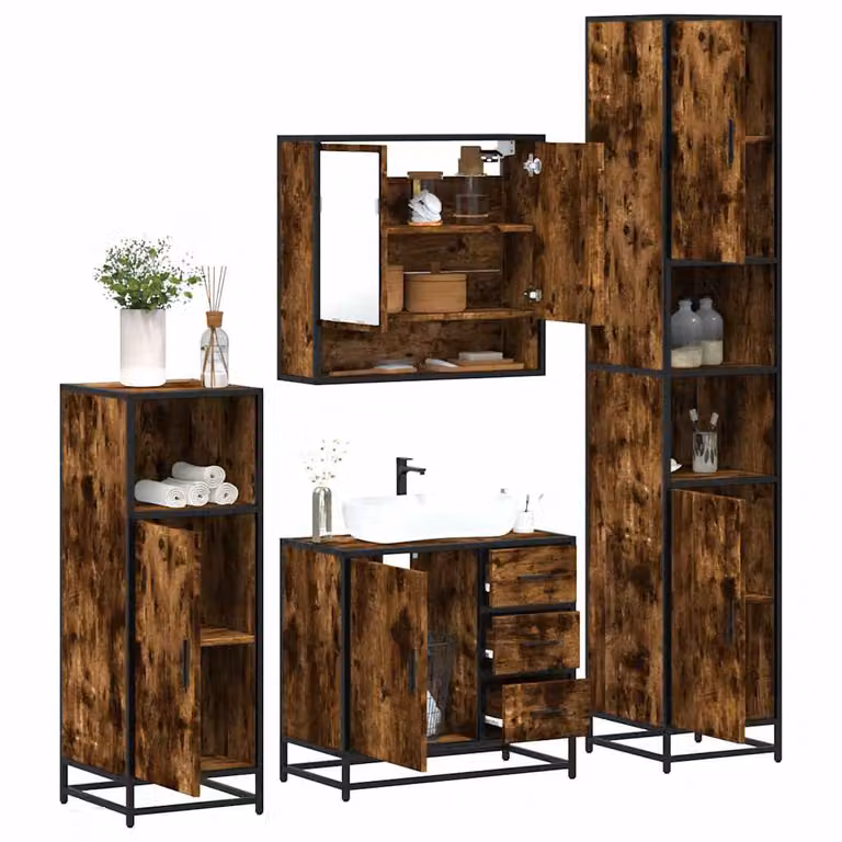Set di mobili da bagno vidaXL in stile industriale composto da 4 pezzi in legno e metallo colore marrone con armadietto specchio, mobile lavabo, mobile laterale e colonna alta