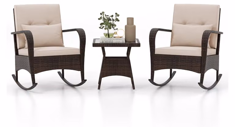 Set di mobili da giardino COSTWAY, composto da: 2 poltrone a dondolo in rattan sintetico con tavolino in vetro, divanetto da giardino per 2 persone completo di cuscini, set di mobili per balcone, colore marrone, ideale per piccoli balconi