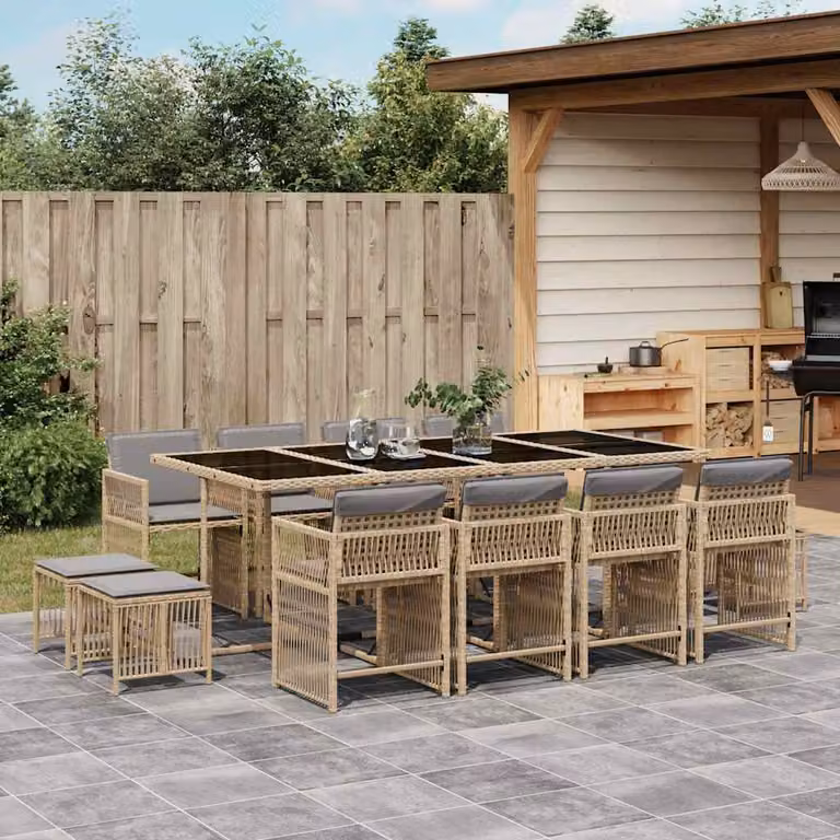 Set Pranzo da Giardino vidaXL in Polyrattan con Cuscini Beige e Grigio e Tavolo in Vetro 13 pz