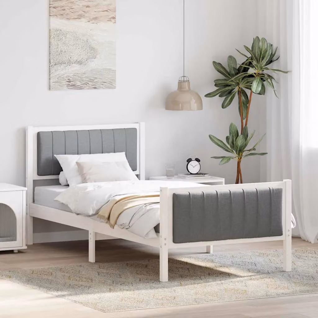 Struttura del letto moderna vidaXL in legno di pino e tessuto, bianco e grigio, 90 x 200 cm – 1