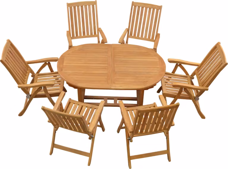 Set da giardino in teak composto da 6 sedie con schienale alto e 1 tavolo allungabile ovale: elegante set di mobili da giardino in teak con tavolo allungabile