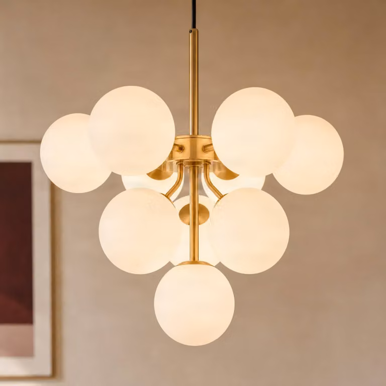 Lampada a sospensione Peyton Lucande, dimmerabile, Ottone / Oro, Soggiorno / Sala da pranzo, Vetro, Design, Lampada a sospensione