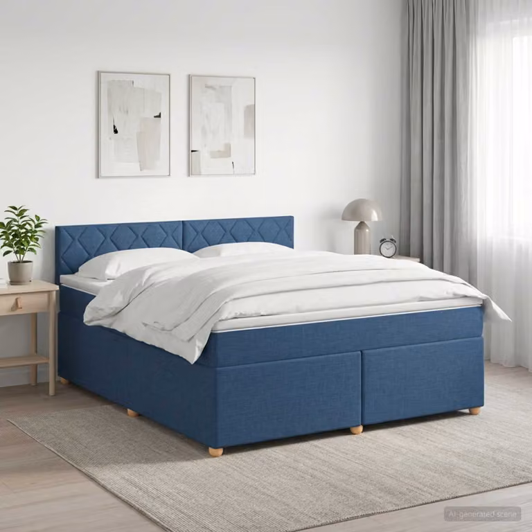 Letto box spring con materasso ibrido vidaXL in tessuto Blu e Bianco L: 140 cm, P: 190 cm