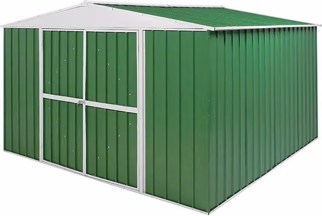 Casetta Box da Giardino Enaudi in Acciaio Zincato Verde con Doppia Porta e Serratura L: 360 cm, P: 345 cm, H: 212 cm