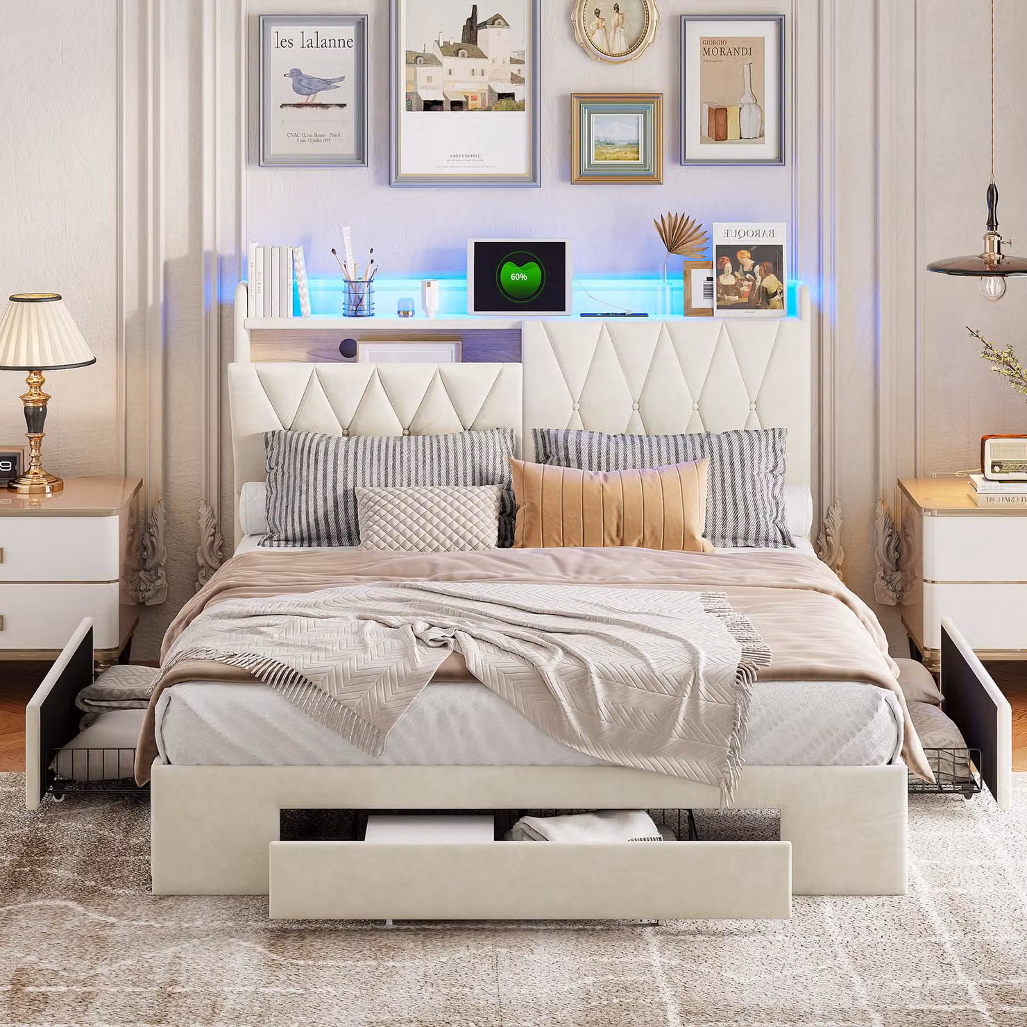 Letto imbottito Fortuna Lai 140x190 con contenitore, letto matrimoniale con USB e LED, letto per ragazzi con 3 cassetti, struttura letto funzionale con rete a doghe, velluto, beige