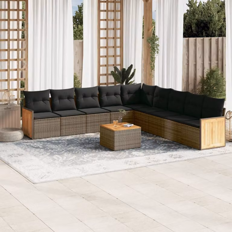 vidaXL Set Divano da Giardino 10 pz in Polyrattan Grigio con Cuscini e Tavolino da Esterno