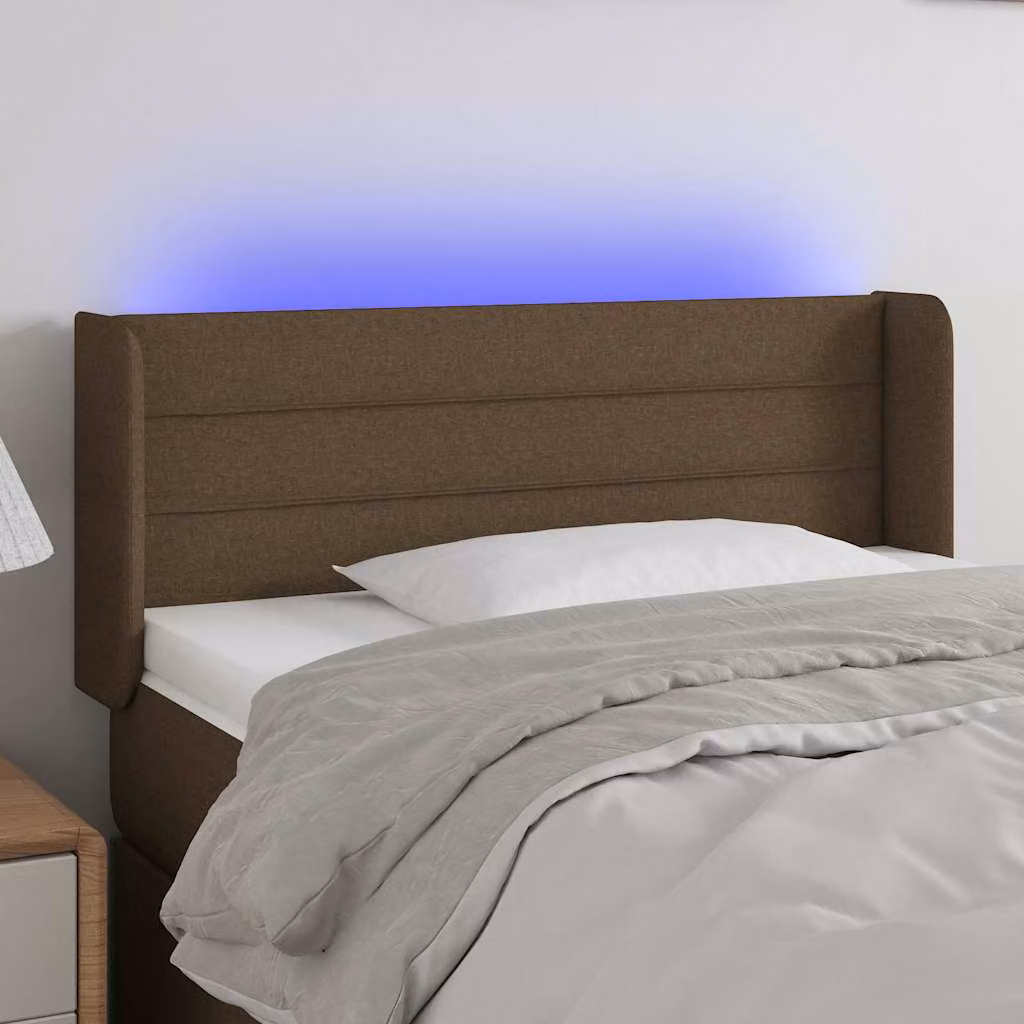 Testiera per letto vidaXL in tessuto marrone scuro con illuminazione LED e porta USB, L: 83 cm, P: 16 cm, H: 78-88 cm
