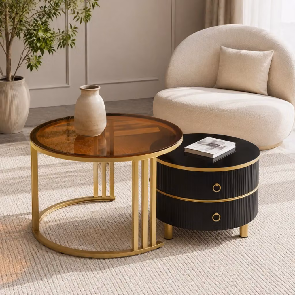 Set di tavolini bassi rotondi a incastro MIVRAY in marrone con piani in vetro temperato e MDF – 2