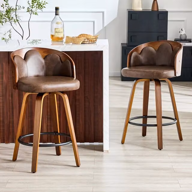 Set 2 Sgabelli da Bar Moderni in Legno Curvato ed Ecopelle PU con Schienale a Fiore e Poggiapiedi in Metallo per Cucina