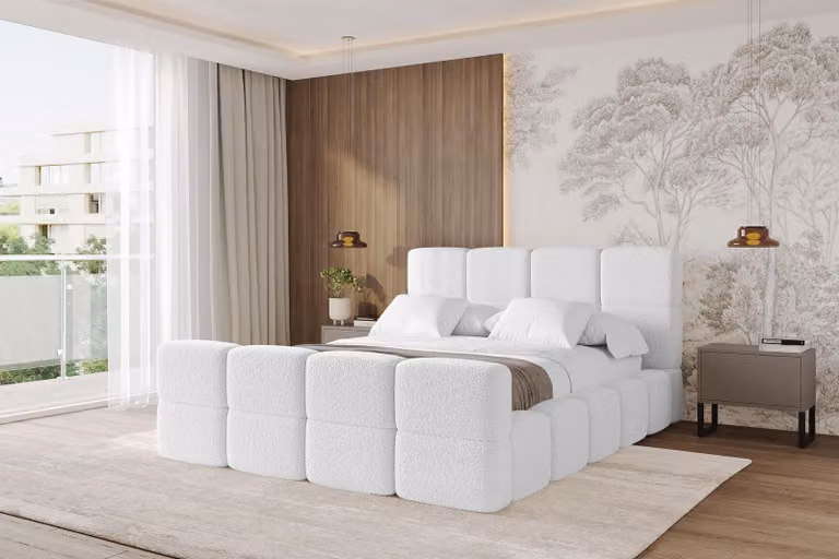 Letto imbottito ALTDECOR con contenitore - NATA-Z 200x200 bianco, letto con testiera, letto contenitore senza materasso, letto matrimoniale con vano portaoggetti