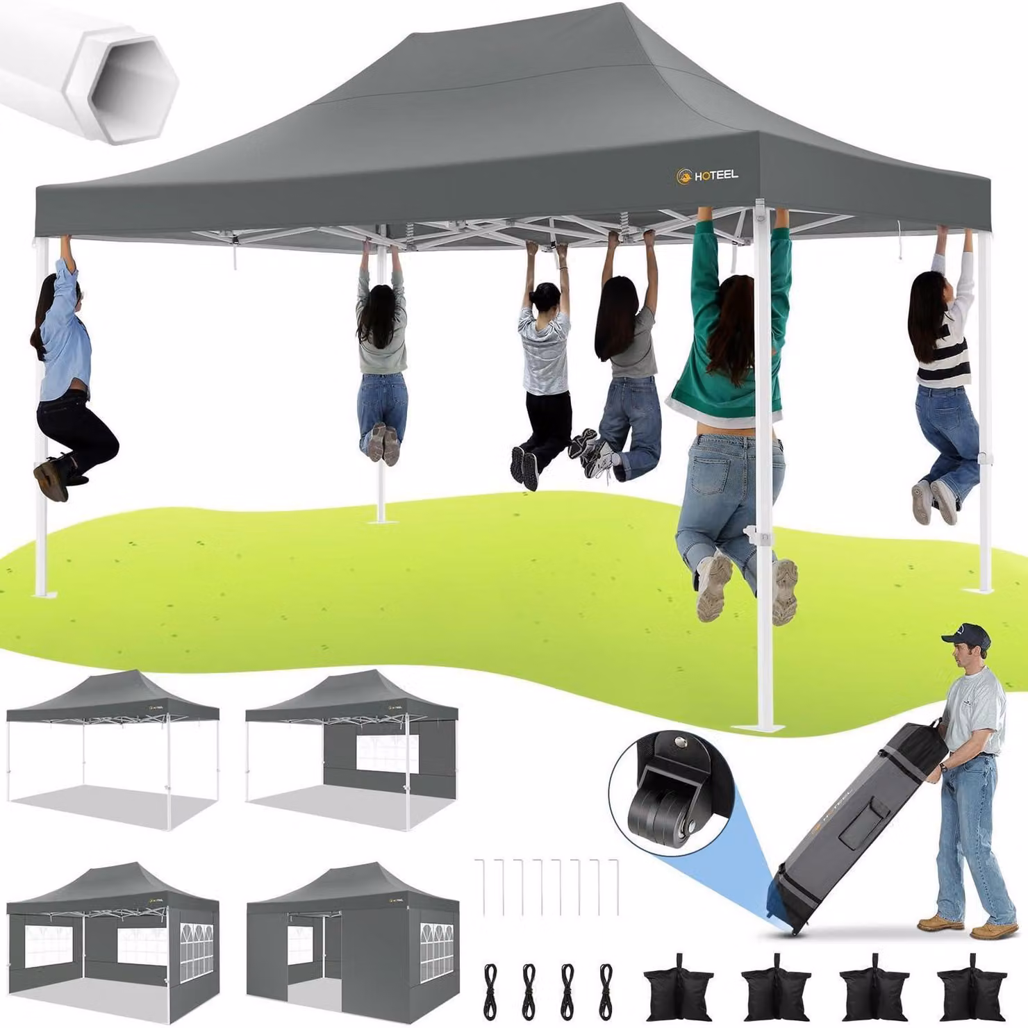 Tenda pop-up grigia da esterno, dimensioni 3x4,5 metri, impermeabile, con 4 pannelli laterali e borsa per il trasporto