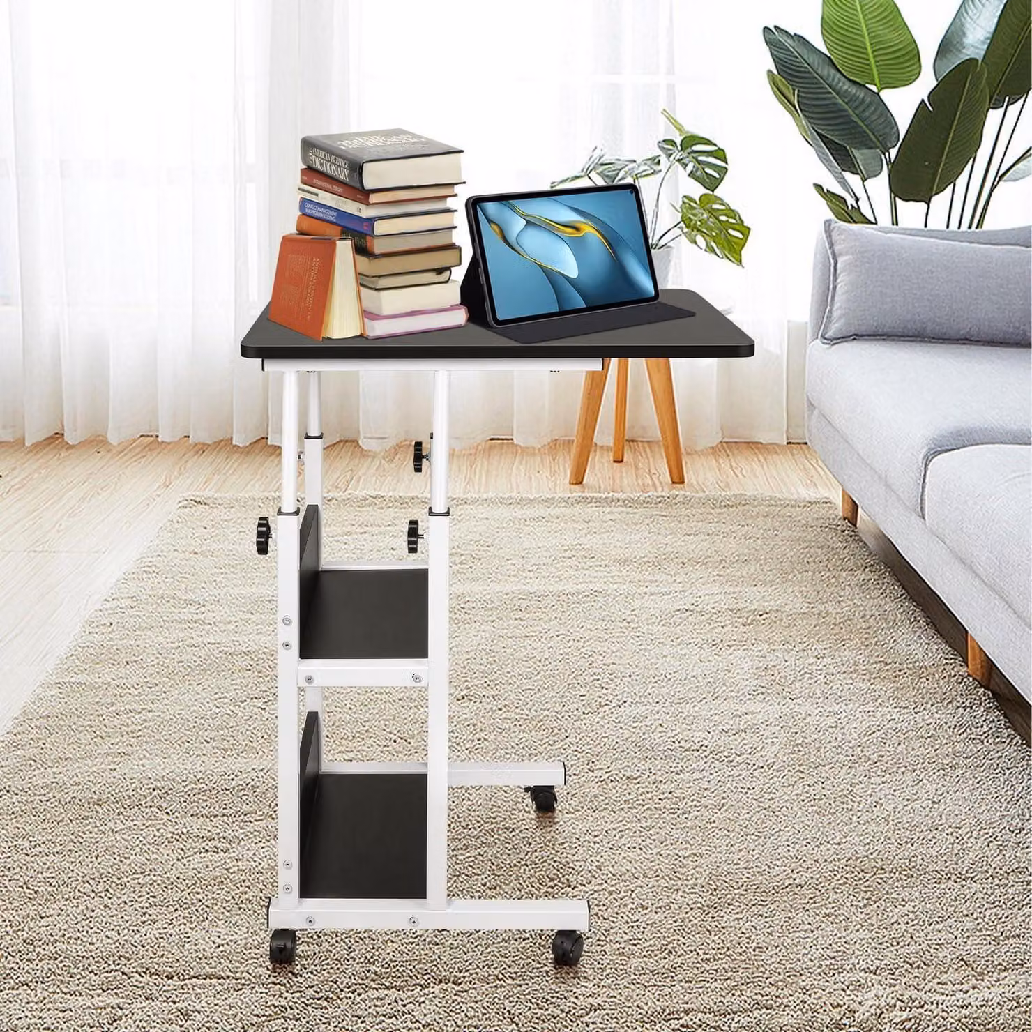 Tavolo regolabile in altezza per laptop, con rotelle, tavolo da letto, tavolino, 60 x 40 cm, nero