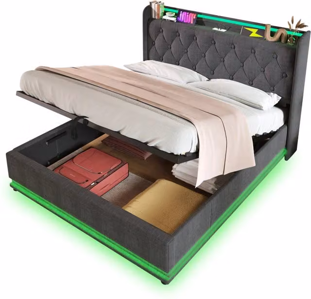 Letto Matrimoniale 180x200 Grigio con Contenitore Idraulico; LED 360°; USB Type-C