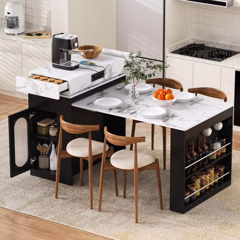 Tavolo allungabile con ruote, piano pieghevole, tavolo da bar con prese elettriche e ganci, tavolo da cucina per cucina e sala da pranzo, colore nero