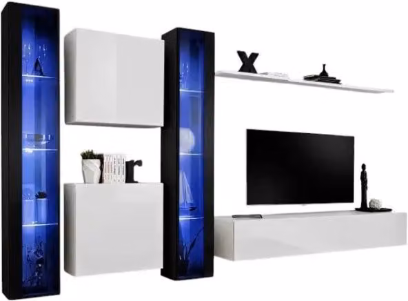 Composizione murale SWITCH XVI Meublorama per soggiorno con mobile TV, vetrine LED e scaffali, finitura bianco e nero lucido, L: 330 cm, H: 180 cm, P: 40 cm
