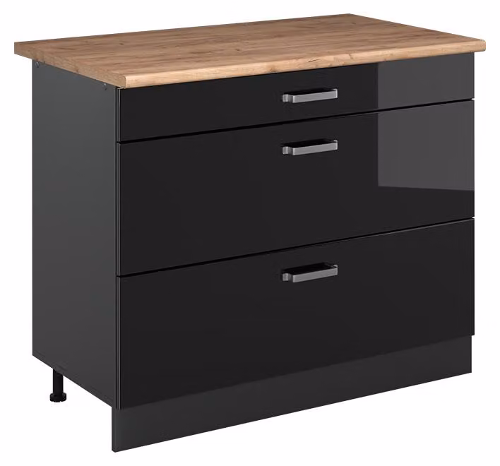 Mobiletto base per cucina Vicco R-Line Nero lucido/Antracite 100 cm piano di lavoro Rovere dorato, Model 71588