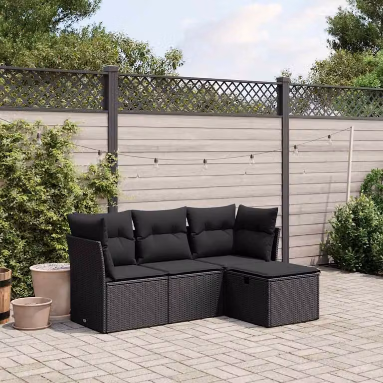 vidaXL Set Divani da Giardino a L con Cuscini Nero in Polyrattan e Struttura in Acciaio