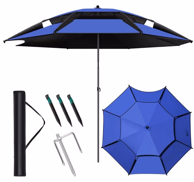 Ombrellone con 16 stecche, resistente al vento, inclinabile a 360°, diametro 260 cm, colore blu