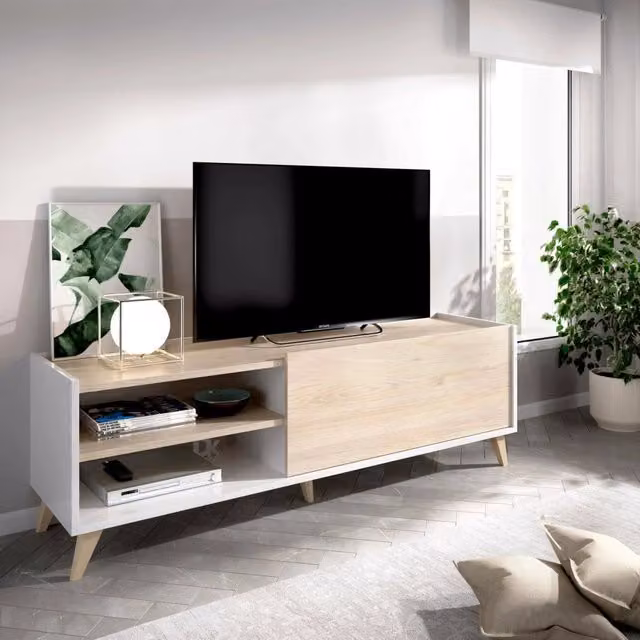 Mobile porta TV DMORA per soggiorno in legno Rovere e Bianco L: 155 cm, P: 43 cm, H: 47 cm