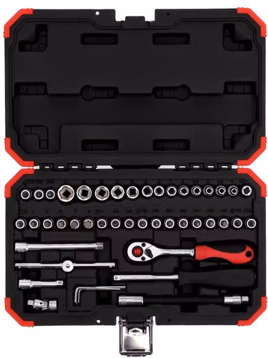 Set di chiavi a bussola Ibenzoa® da 46 pezzi, con chiave a bussola a due componenti con dentatura fine, adattatore per inserti e prolunga da 3/4 di pollice – custodia in plastica rossa compatta, dimensioni 180x52 mm, peso 1,42 kg