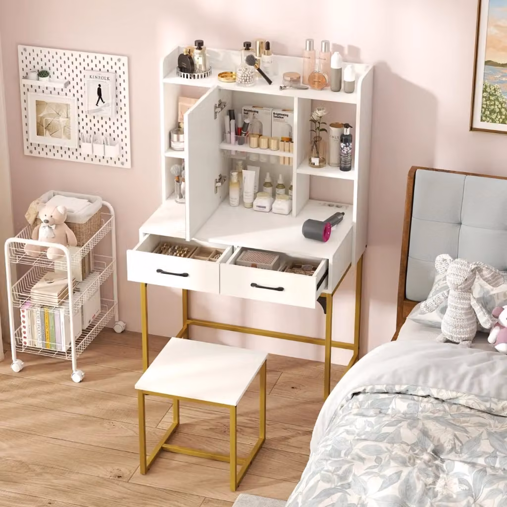 Tavolo da toeletta bianco con specchio triplice, cassetti e sgabello in stile minimalista – 2