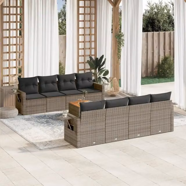 Set Divano da Giardino 9 pz con Cuscini Grigio in Polyrattan 3256816