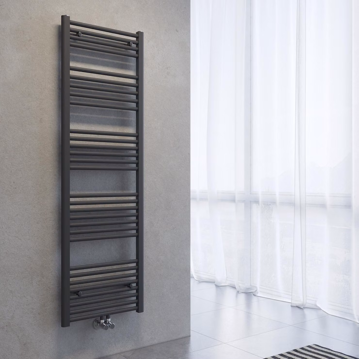 Radiatore asciuga-asciugamani SONNI, dimensioni 1600 x 500 mm, colore grigio antracite, riscaldamento ad acqua calda, senza resistenza elettrica