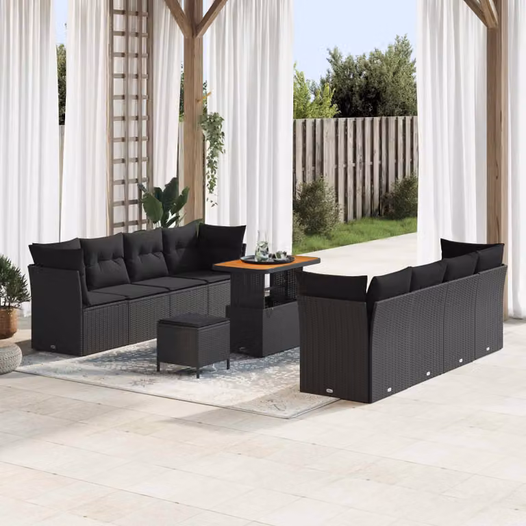 Set Divano da Giardino vidaXL 11 Pezzi Nero con Cuscini e Tavolino in Polyrattan e Acciaio