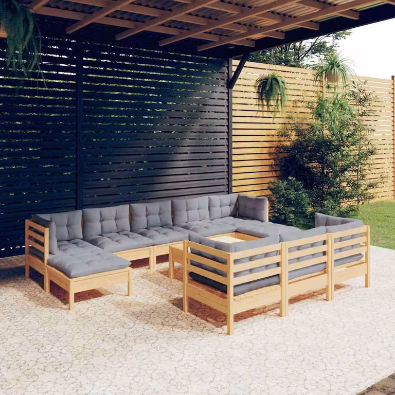 Set di divani da giardino vidaXL in legno massello di pino con cuscini grigi, design moderno a forma di L con elementi angolari e pouf, 11 pezzi