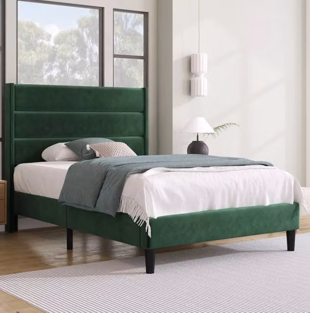 Letto imbottito 90x200 cm con materasso; rete a doghe e testiera in velluto verde