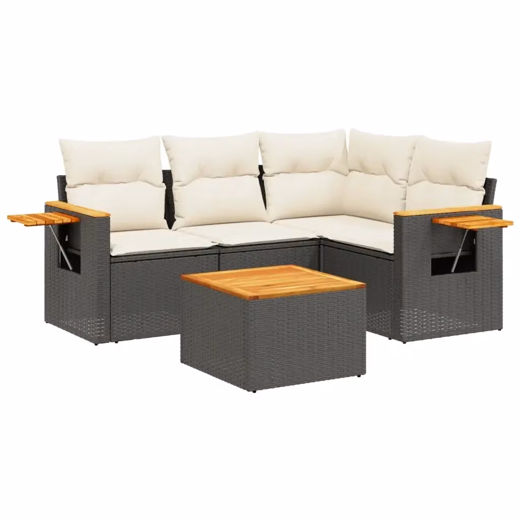 Set di Divani da Giardino a L vidaXL 5 pz con Cuscini e Tavolino, Polyrattan e Acciaio Nero e Bianco – 2