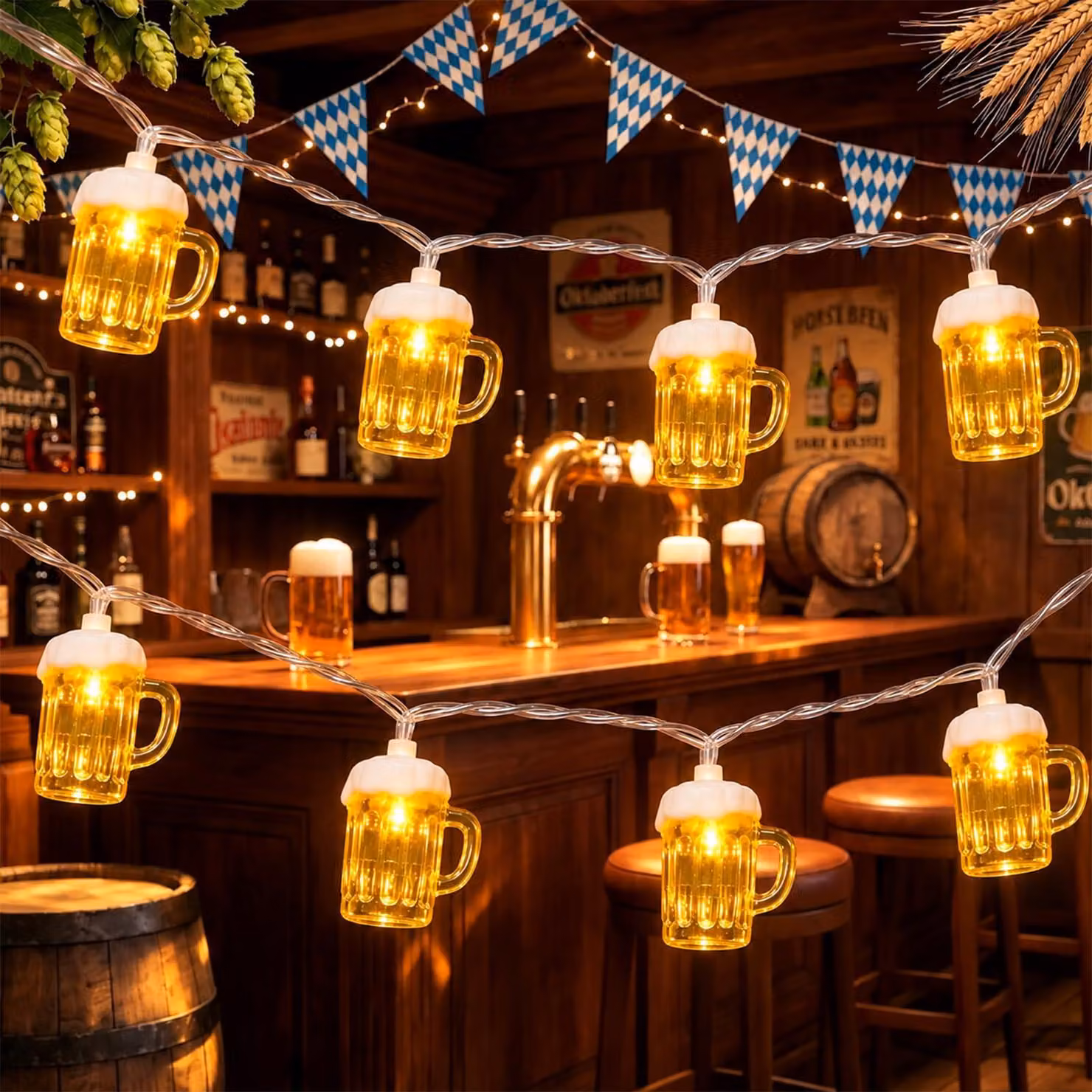 Catena luminosa a forma di boccale di birra, lunghezza 2 metri, 10 LED, luce bianco caldo, alimentazione a batteria