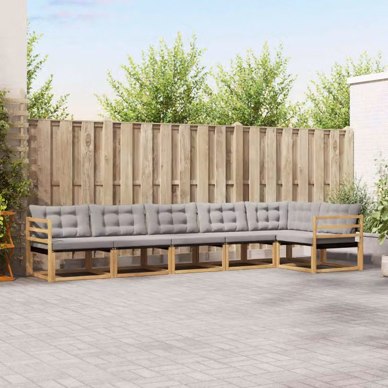 vidaXL Set di divani da esterno a L composto da 6 pezzi in legno di acacia con cuscini bianchi e grigi