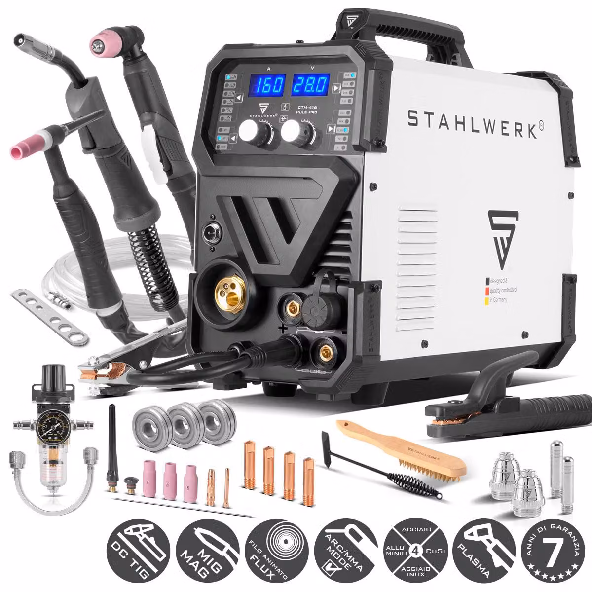 Saldatrice ad arco schermato a gas STAHLWERK 6-in-1 Combi CTM-416 Puls Pro - CUT, TIG, MIG/MAG, PULS, MMA (E-Hand/ARC), FLUX fino a 160 A, plasma cutter fino a 40 A