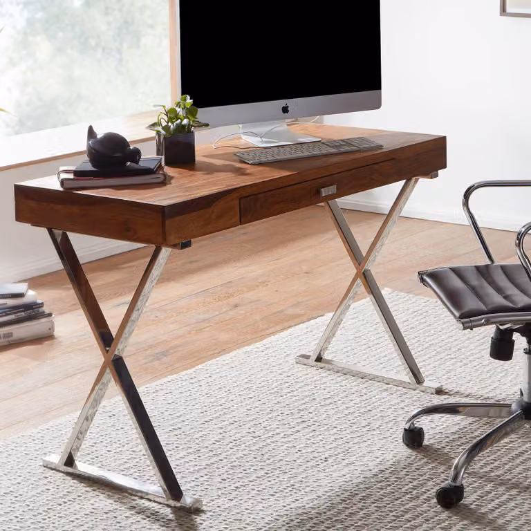 FineBuy Scrivania 120x55x78 cm in legno massello di sheesham / metallo cromato, scrivania da ufficio di design con cassetto, scrivania per laptop e computer per l'home office con spazio contenitivo