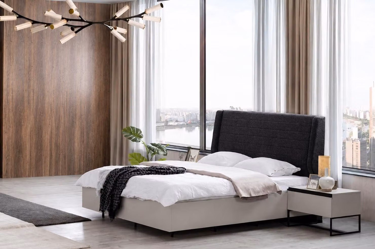 Set per camera da letto completo di letto matrimoniale e due comodini eleganti