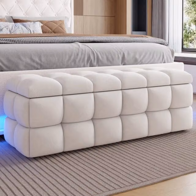 Panca contenitore imbottita con apertura a ribalta 120 x 40 x 40 cm; beige