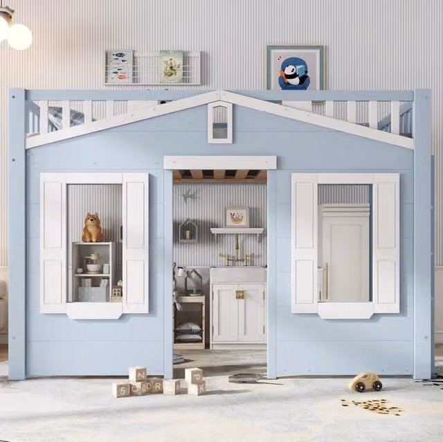 Letto a castello alto per bambini 90x200 cm in legno massello e MDF; bianco e blu