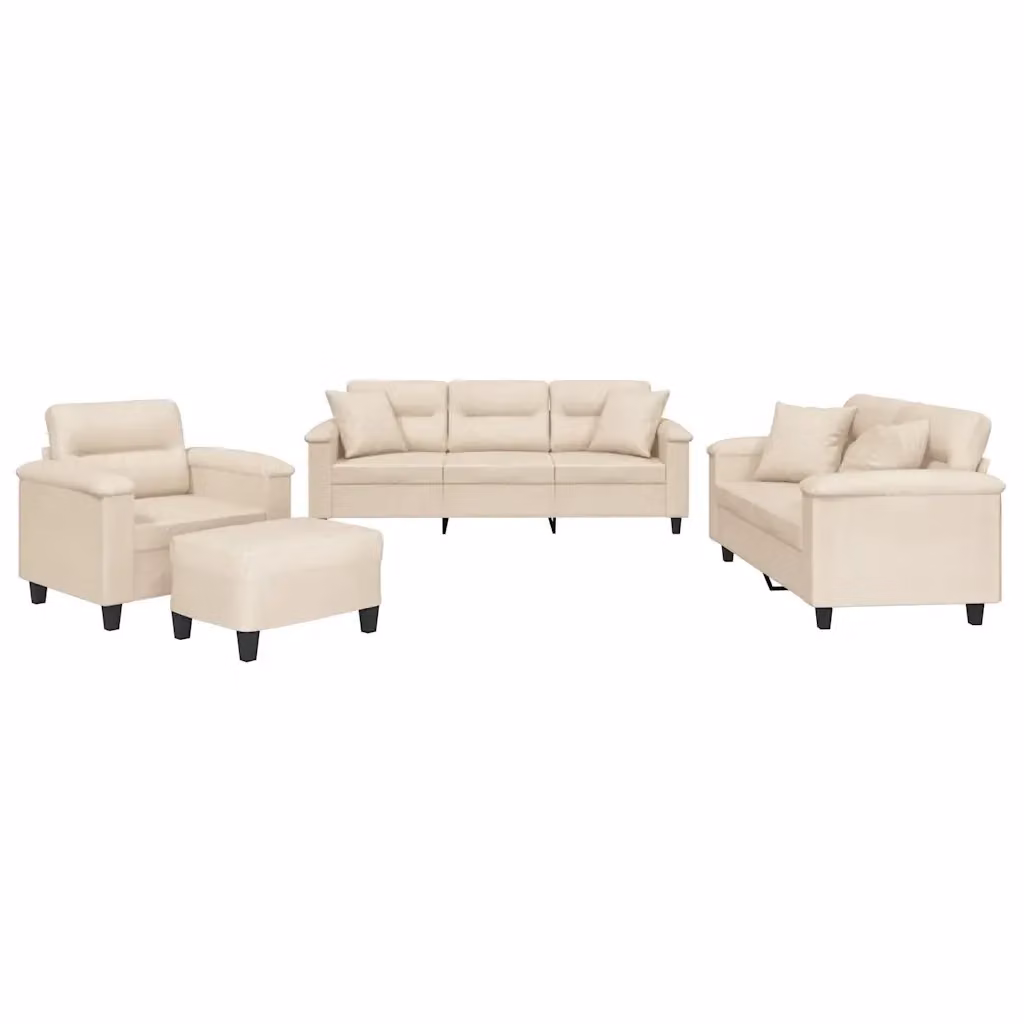 Set di Divani Moderno vidaXL in Microfibra Beige composto da Divano a 3 Posti, Divano a 2 Posti, Pouf e Cuscini – 2