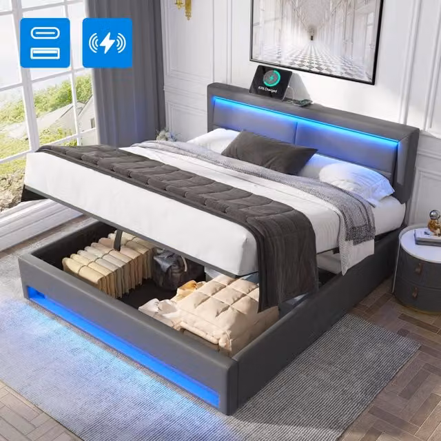 Letto matrimoniale – 140x200 cm – USB LED contenitore – PU litchi grigio
