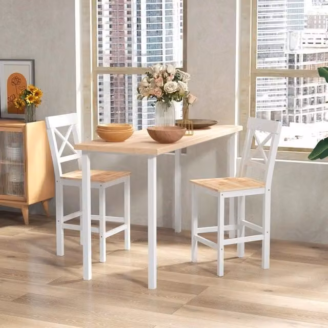 Set di 2 sgabelli da bar in legno di pino con poggiapiedi e schienale, stile country, per cucina e soggiorno, naturale