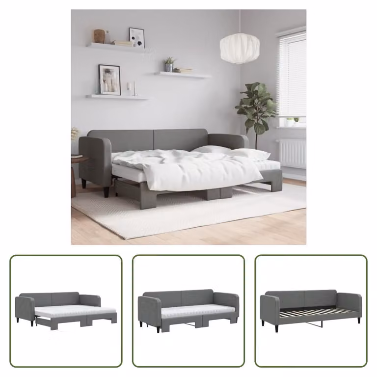 The Living Store Letto da giorno allungabile con materassi grigio scuro 80x200 cm in tessuto