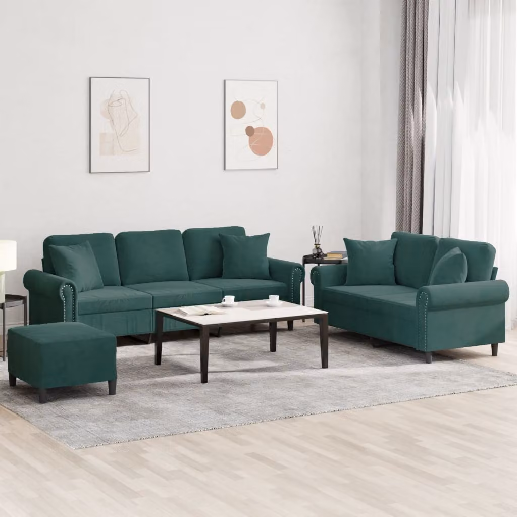 Set di divani vidaXL in velluto verde con pouf e cuscini per il tuo soggiorno – 1