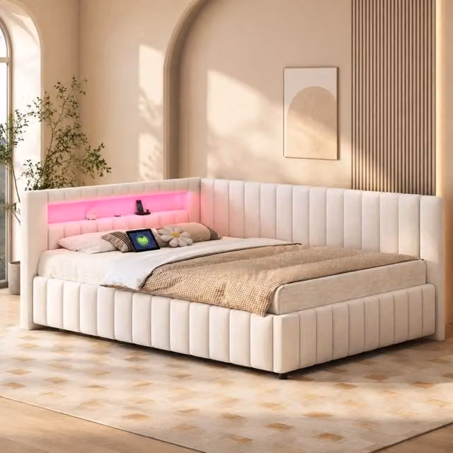 Letto imbottito 140x200 cm beige in velluto con LED e porta USB